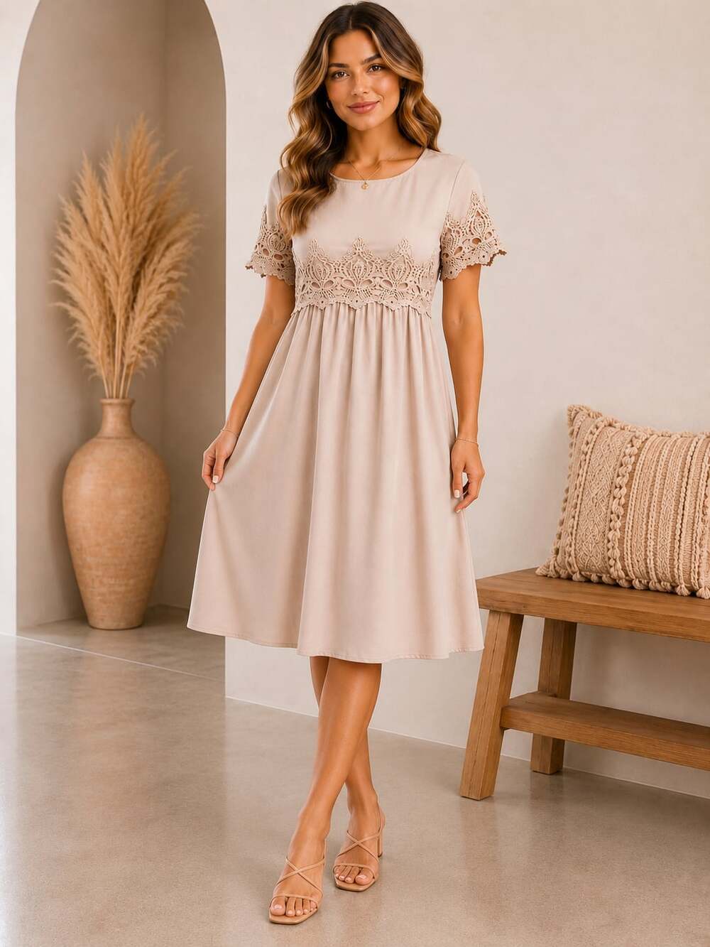 orange creek Beige Crochet-Trim Midi Dress